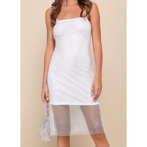 NWT Lulus Womens Rhinestone Overlay Bodycon Dress Mesh Cocktail White Size S